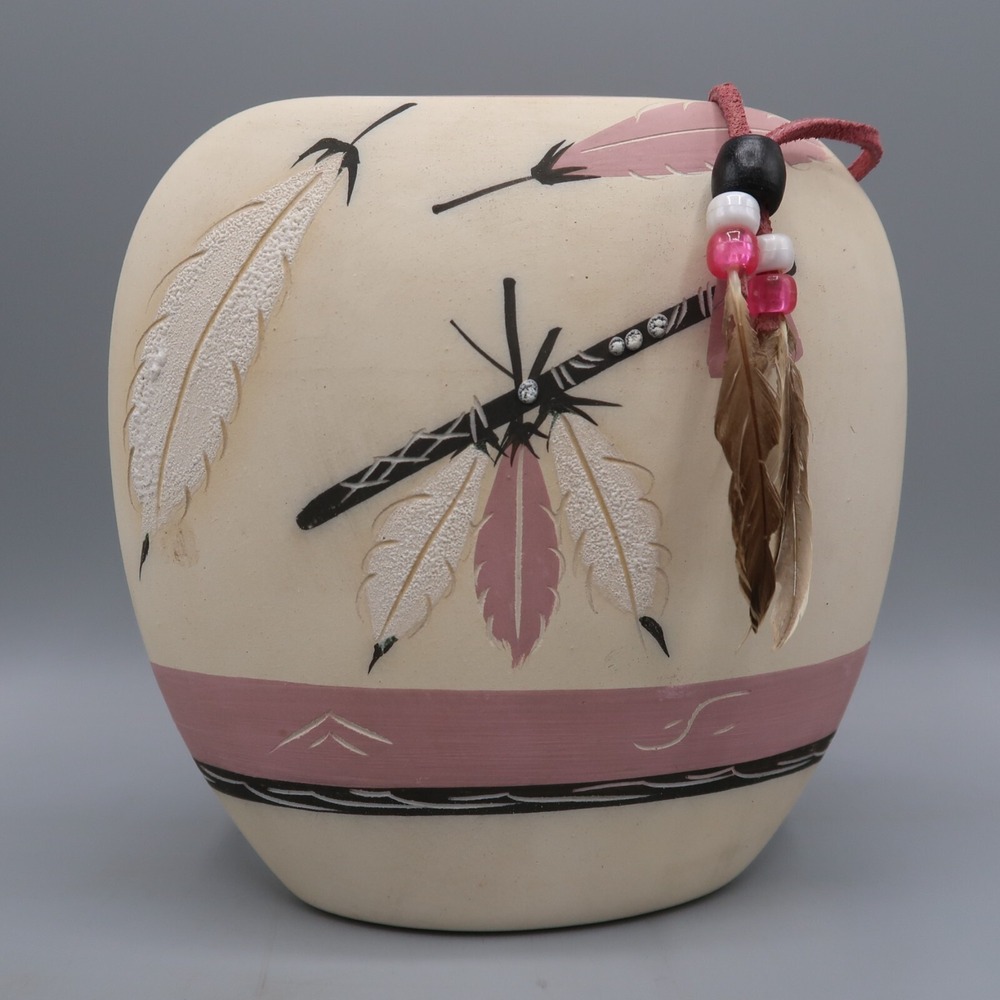 Pink White Rose Feather‎ Vintage Native American Vase Pottery Vase Signed 6"